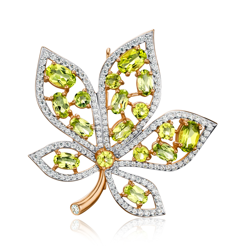 Золота брошка з хризолітами та фіанітами 580009/01/1/16247