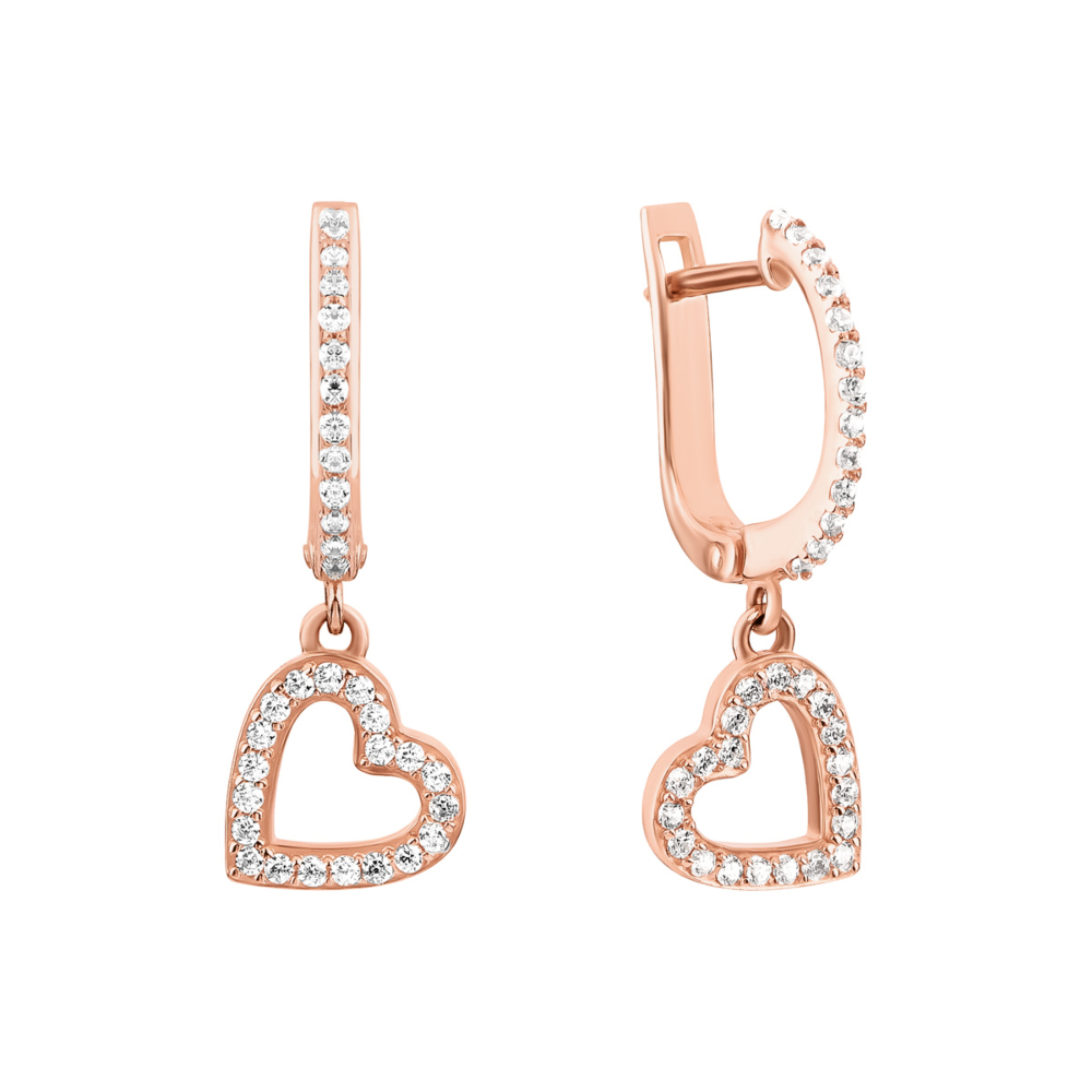 Золотые серьги-подвески Сердце с фианитами. Артикул UG5210937110101