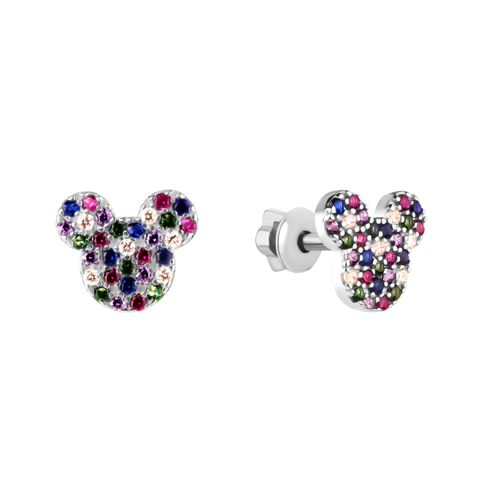 Серебряные серьги-пуссеты Микки Маус с фианитами. Артикул UG582680цв
