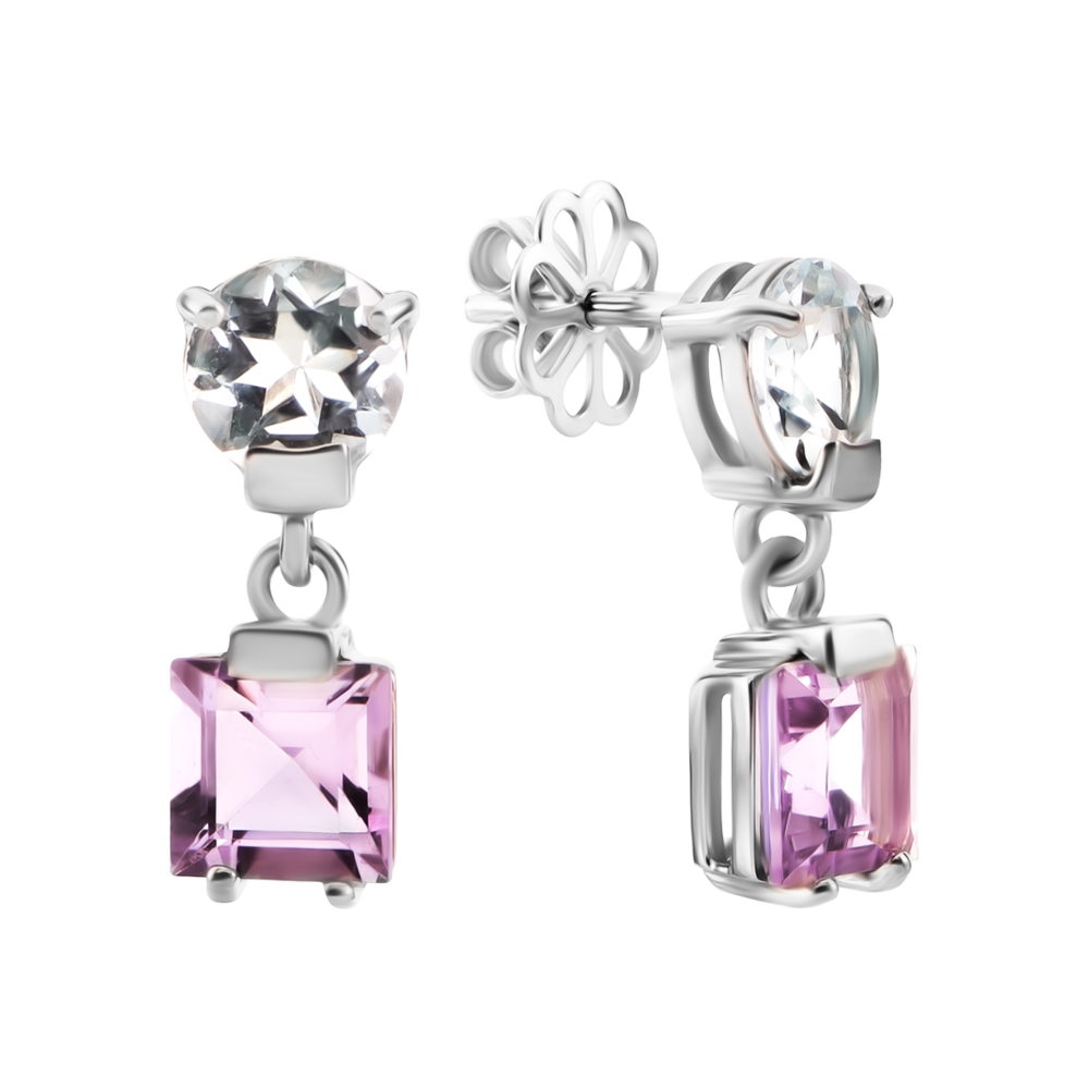 Серебряные серьги-подвески с топазом и аметистом. Артикул UG5с1303Rh