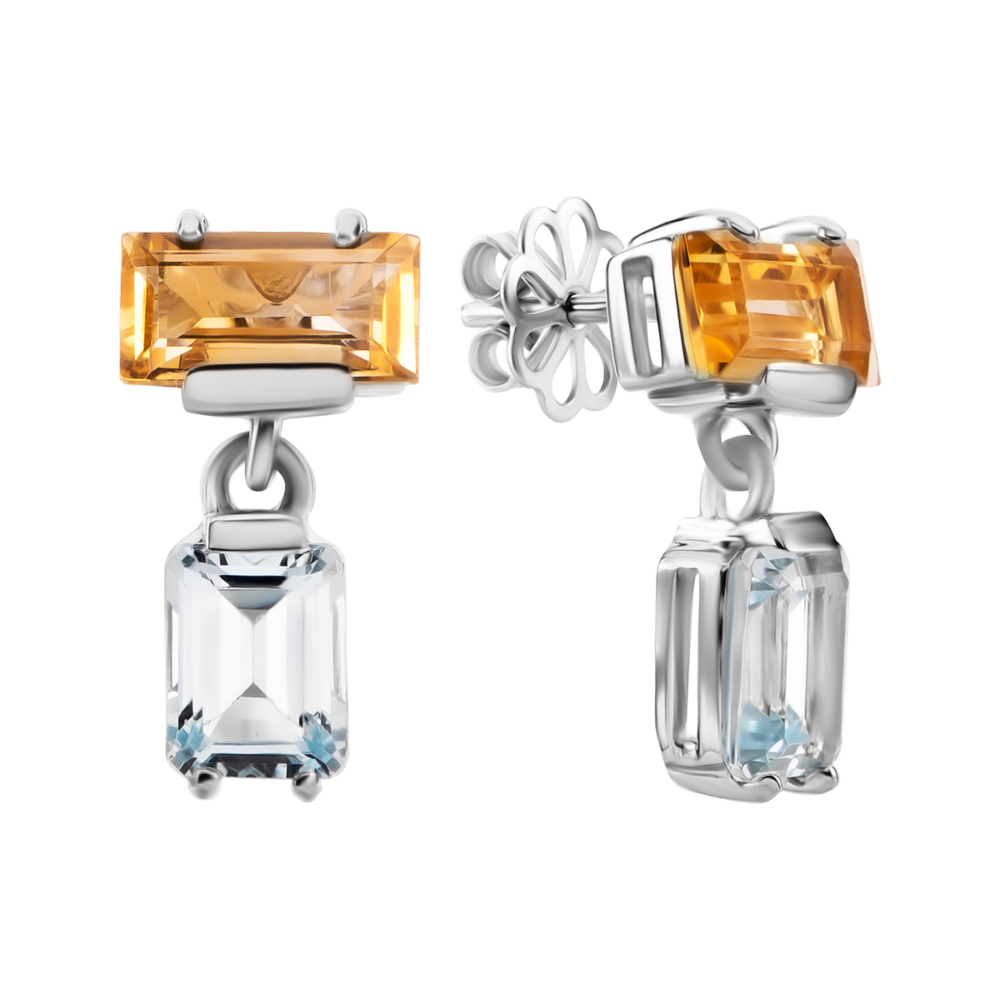 Серебряные серьги-подвески с цитрином и топазом. Артикул UG5с1305Rh