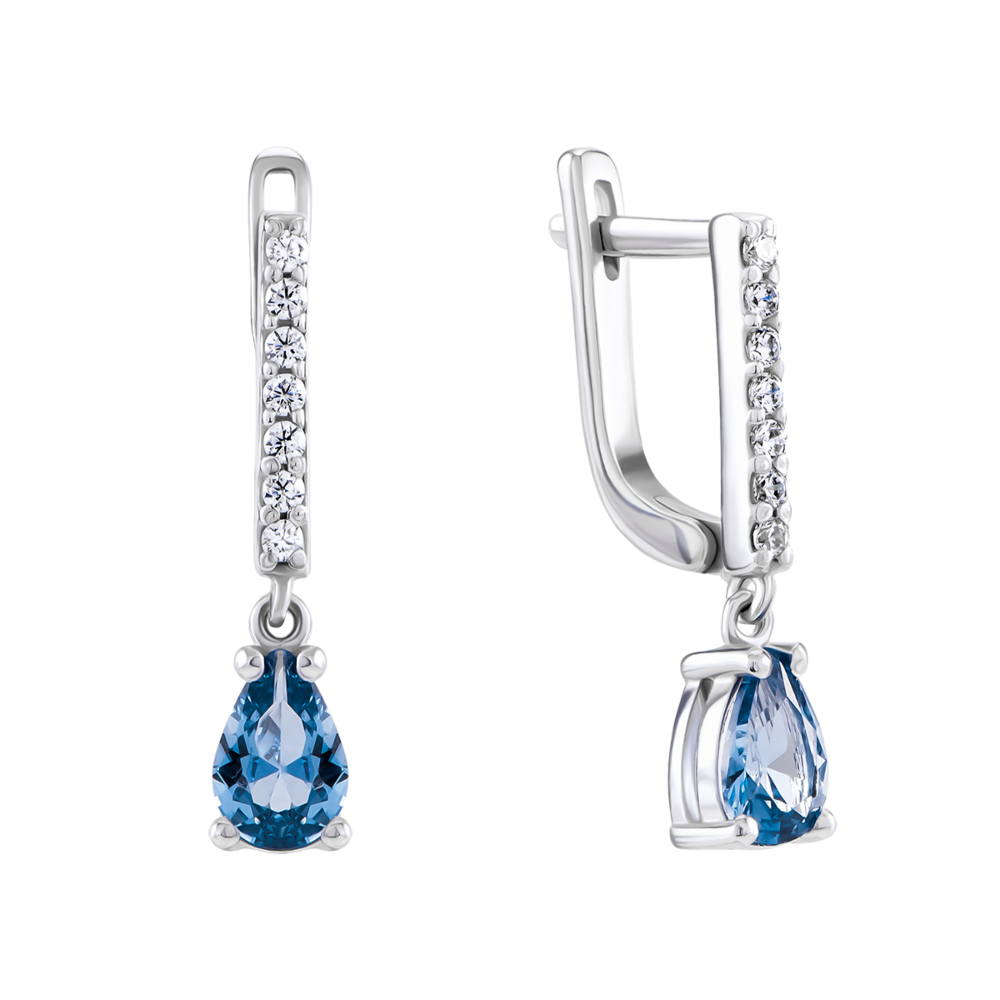 Срібні сережки-підвіски з кварцом London blue та фіанітами. Артикул UG52672/1р-QLB