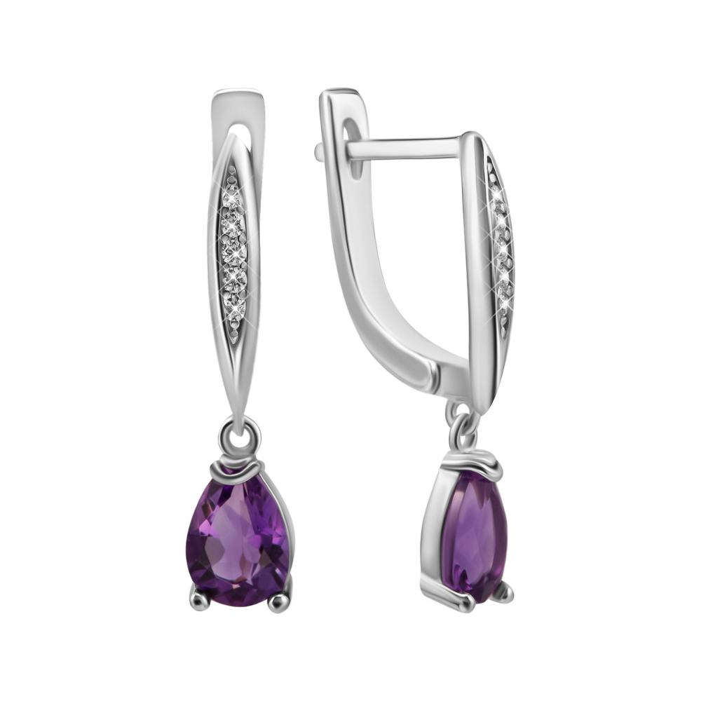 Серебряные серьги-подвески с аметистом и фианитами. Артикул UG5SZDE16225