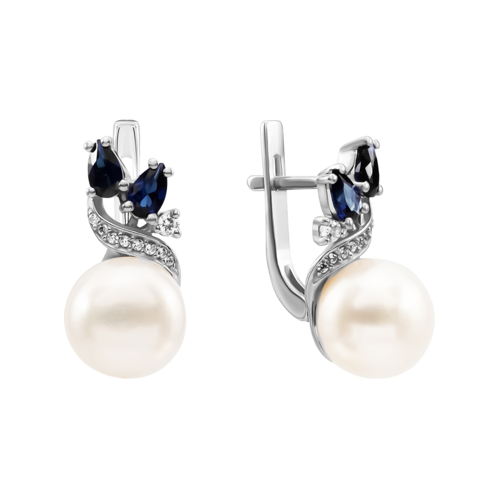 Серебряные серьги с сапфирами, жемчугом и фианитами. Артикул UG52044/1р-PWTNS