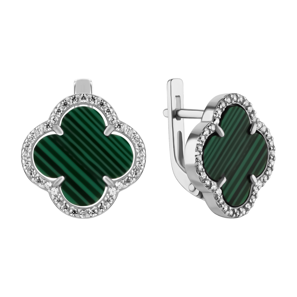 Серебряные серьги Клевер с малахитом и фианитами. Артикул UG520590z