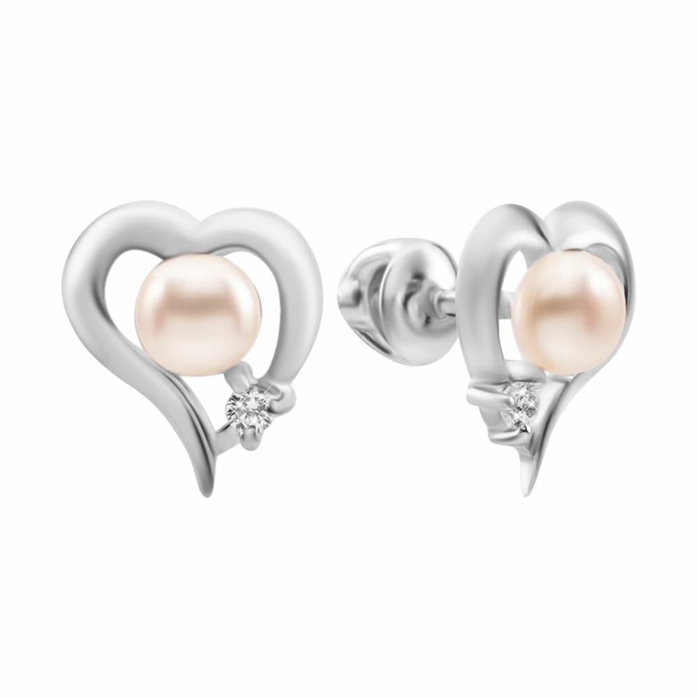 Серебряные пуссеты с жемчугом и фианитами. Артикул UG52267/9р-PWT