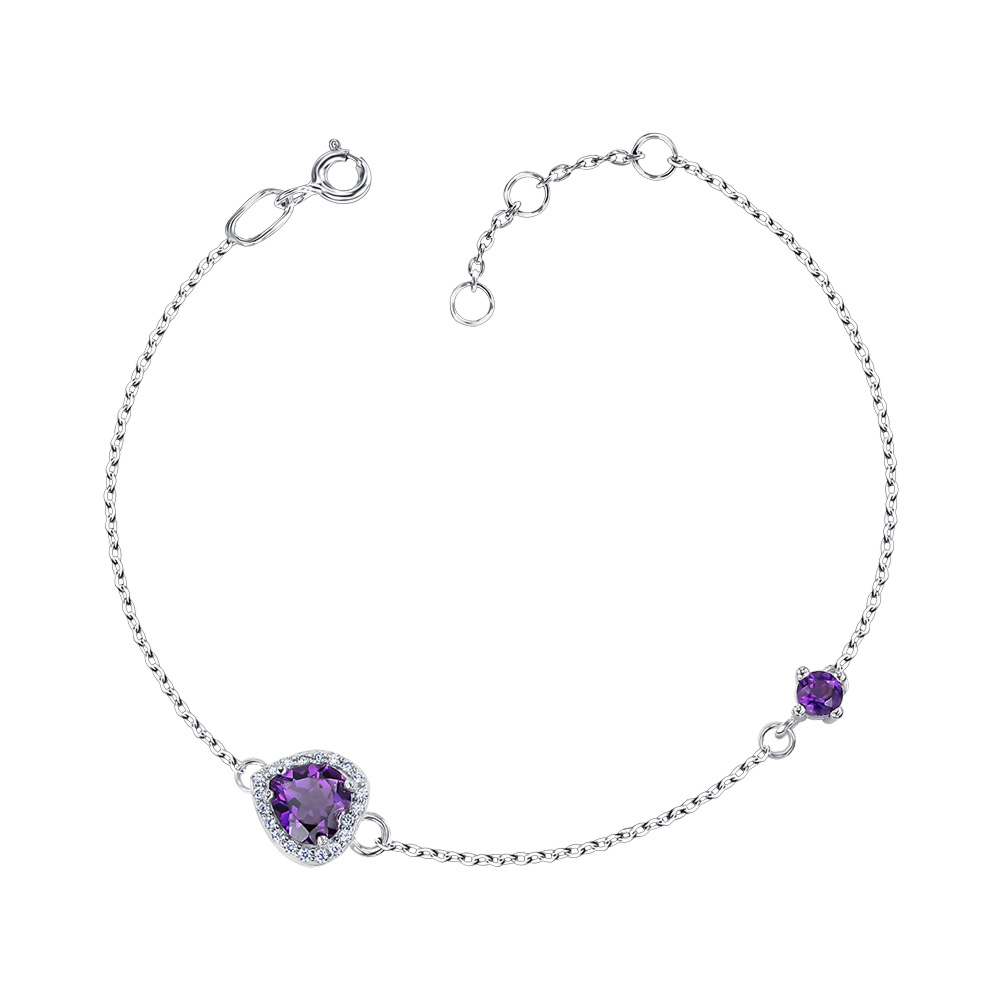 Срібний браслет з фіанітами та аметистом 90191/66024-3/12/1/16294