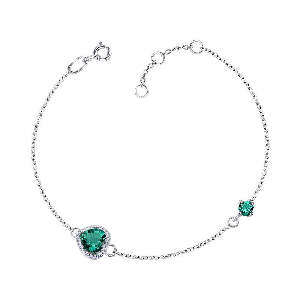 Срібний браслет зі штучним зеленим кварцом та фіанітами 90191/66024-3/12/1/21566