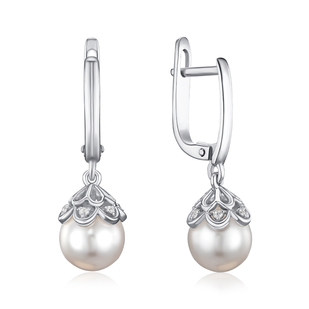 Срібні сережки з перлиною та фіанітами 40253/12/1/21388