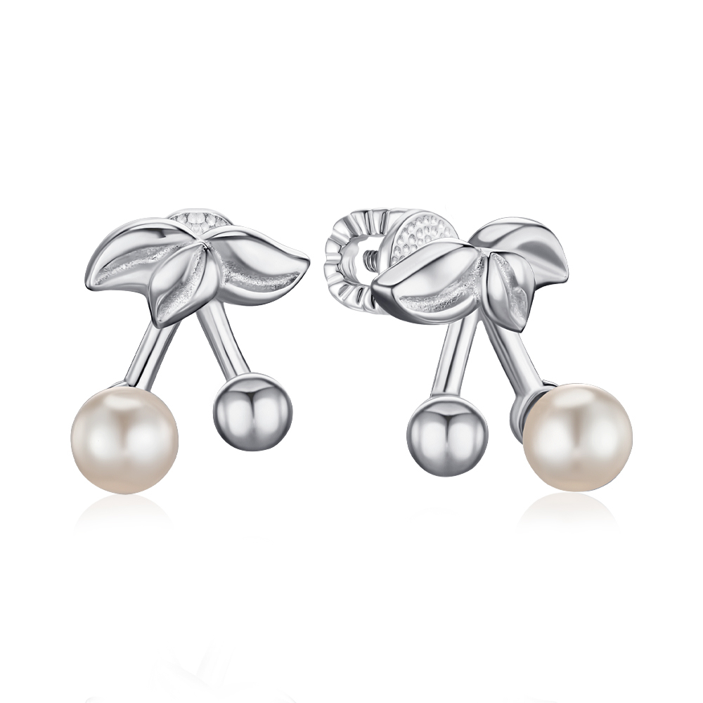 Срібні сережки-пусети "Вишеньки" з штучними перлами 41327/12/1/21419