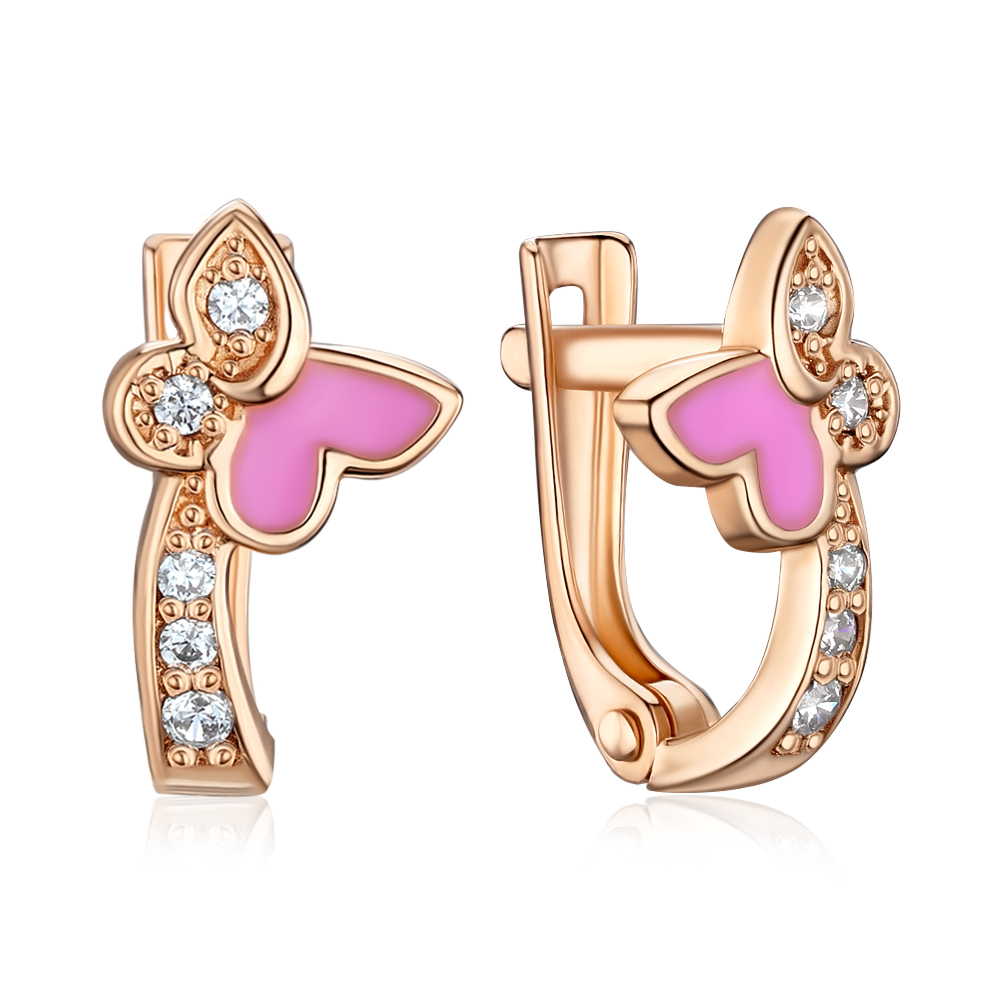 Золотые серьги с фианитами и эмалью. Артикул 21409