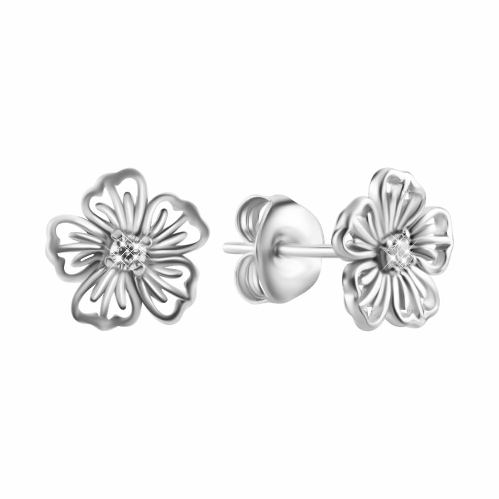 Серебряные пуссеты Цветы с фианитами. Артикул UG5SZDE09346
