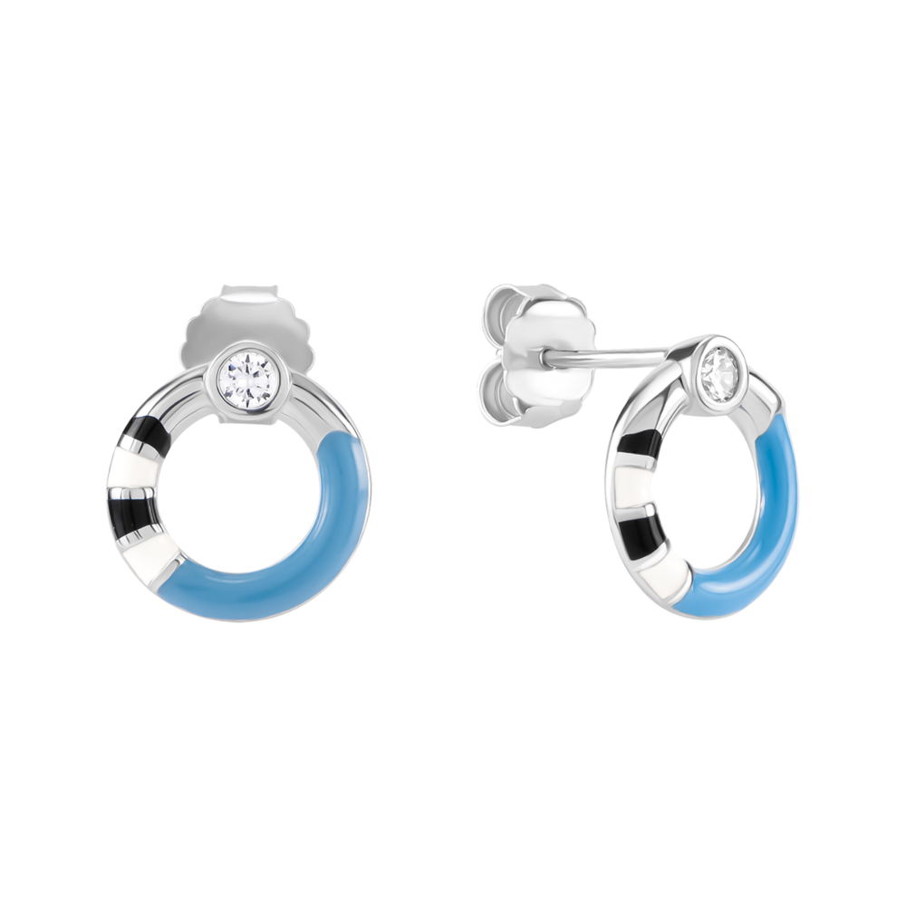 Серебряные пусеты с эмалью и фианитами. Артикул UG5SZDE21208