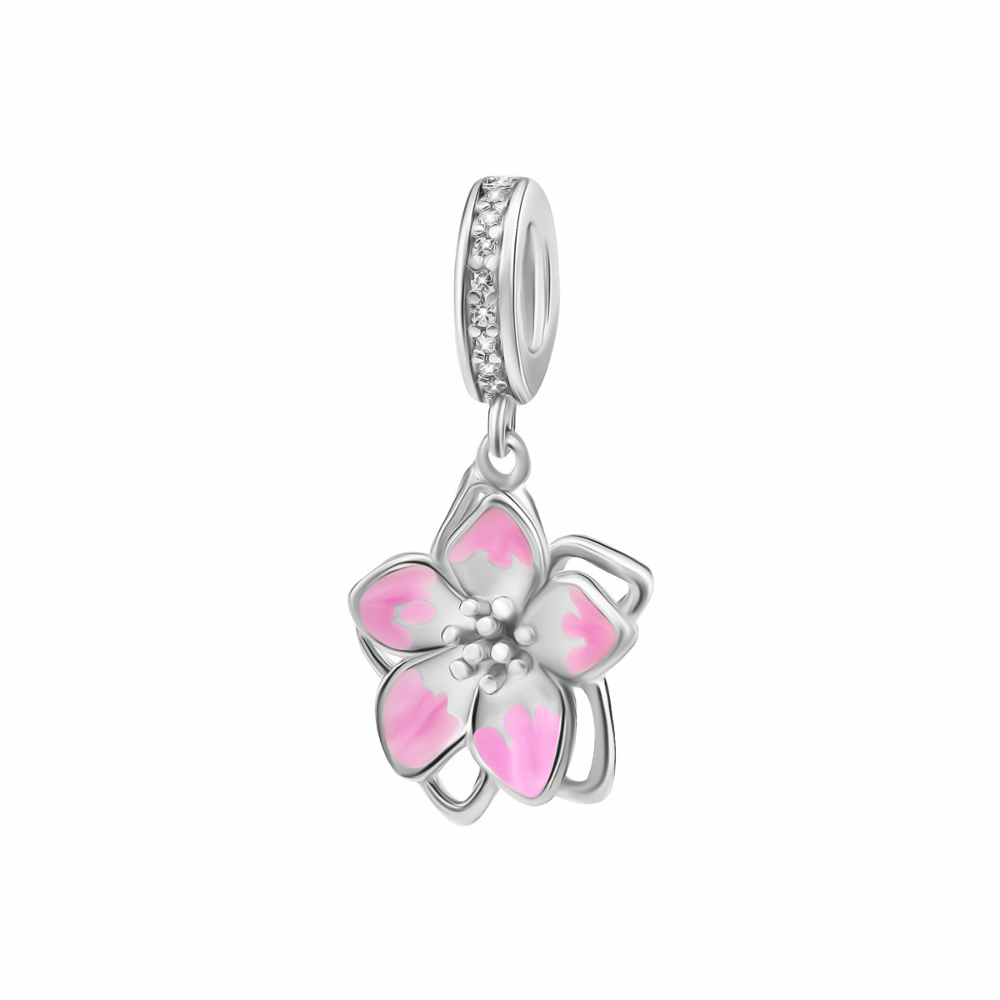 Серебряная бусина шарм Сакура с эмалью и фианитами. Артикул UG5SZDP04706