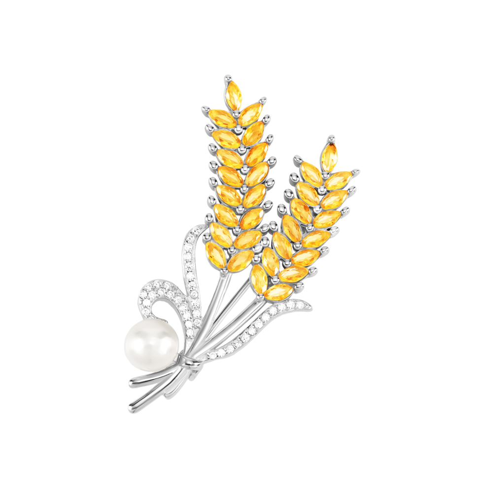 Серебряная брошь с жемчугом и фианитами. Артикул UG5TH00065