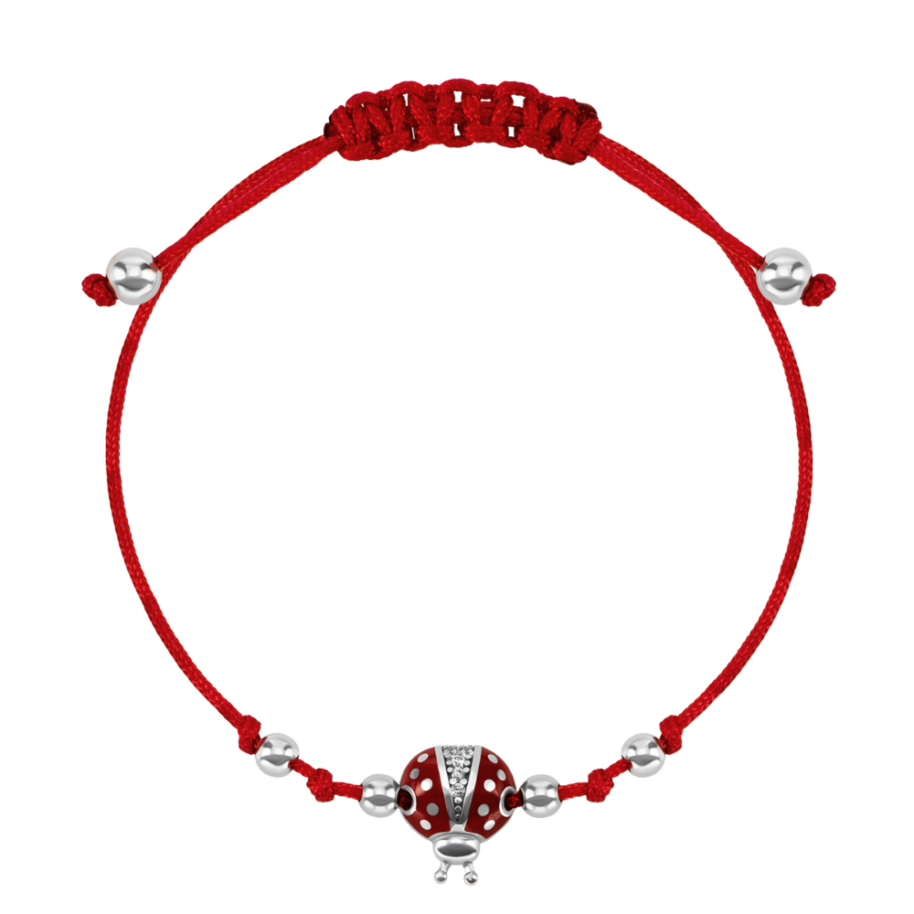 Браслет на нити Божья коровка с фианитами и эмалью. Артикул UG5996Б.Кра.Rh