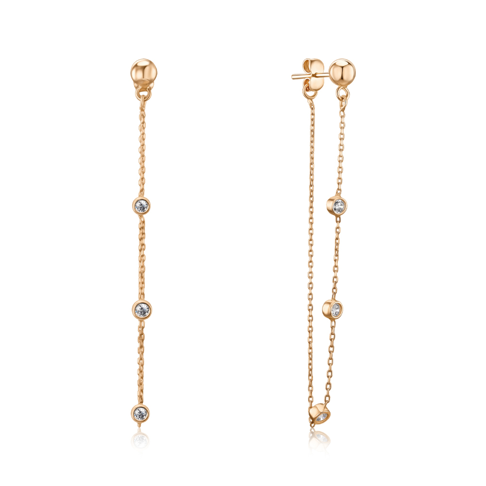 Золотые серьги-пуссеты с подвесной частью и фианитами F-1206-E/01/1