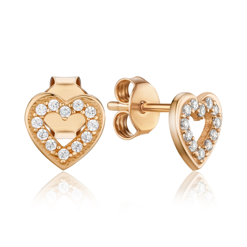 Золоті сережки-пусети "Серця" з фіанітами F-2844-E/01/1