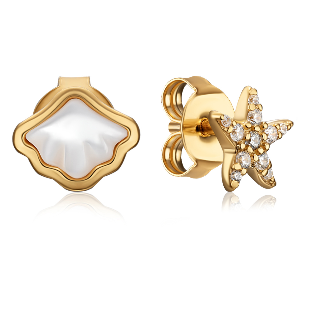 Серебряные пуссеты с перламутром, позолотой и фианитами. Артикул HJES-841-GOLD-E/20/4510
