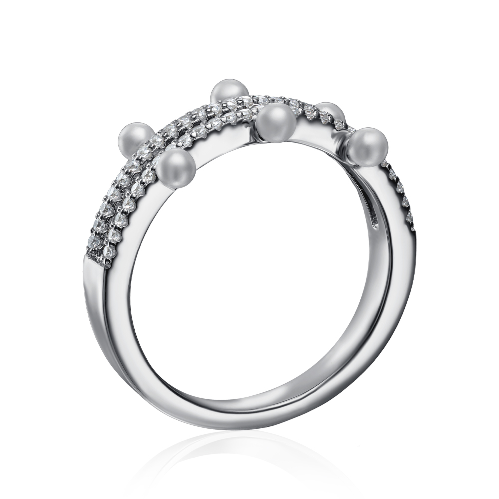 Серебряное кольцо с фианитами и жемчугом. Артикул ML14294A-R/12/4512