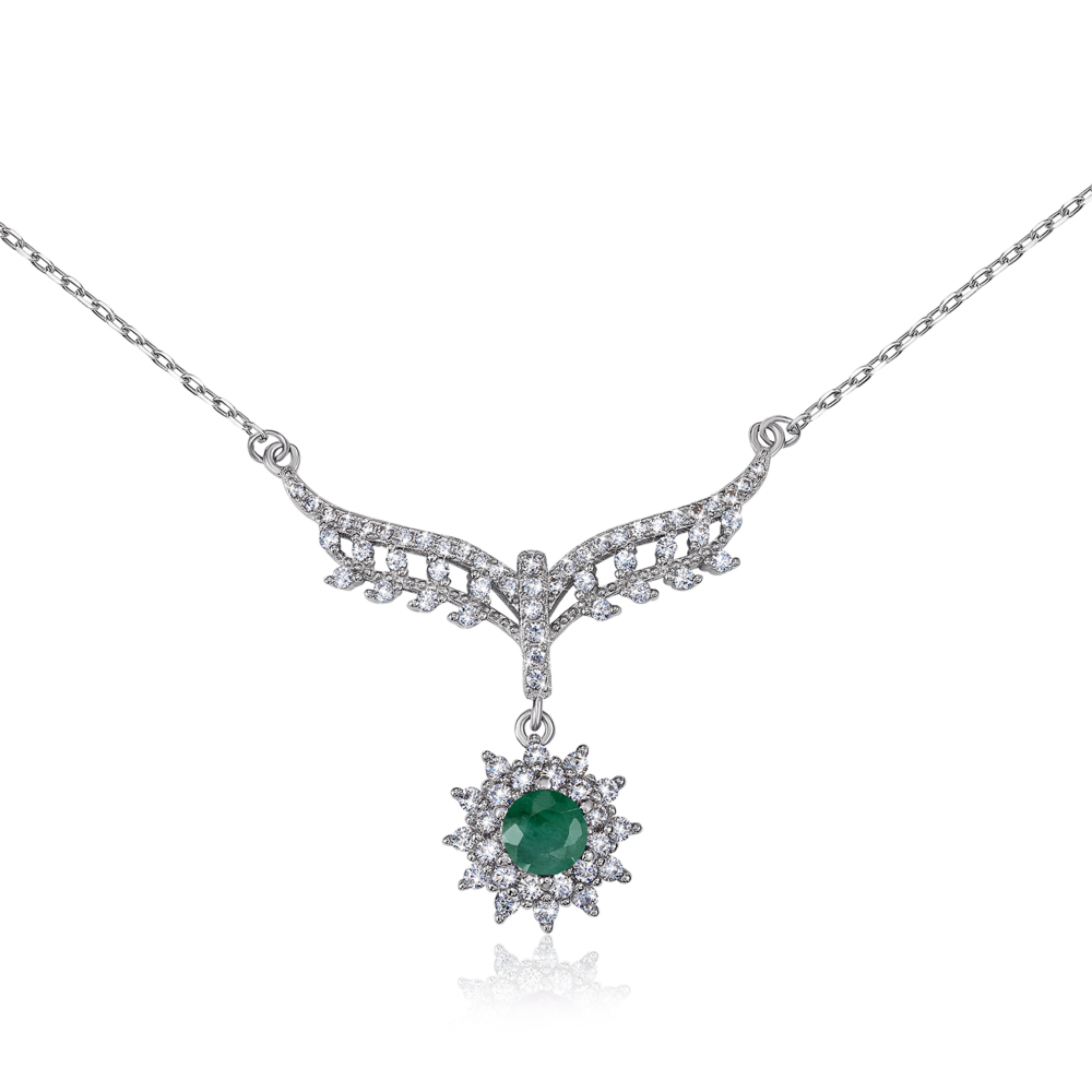 Серебряное колье с изумрудом и фианитами. Артикул NA687-K/12/8830