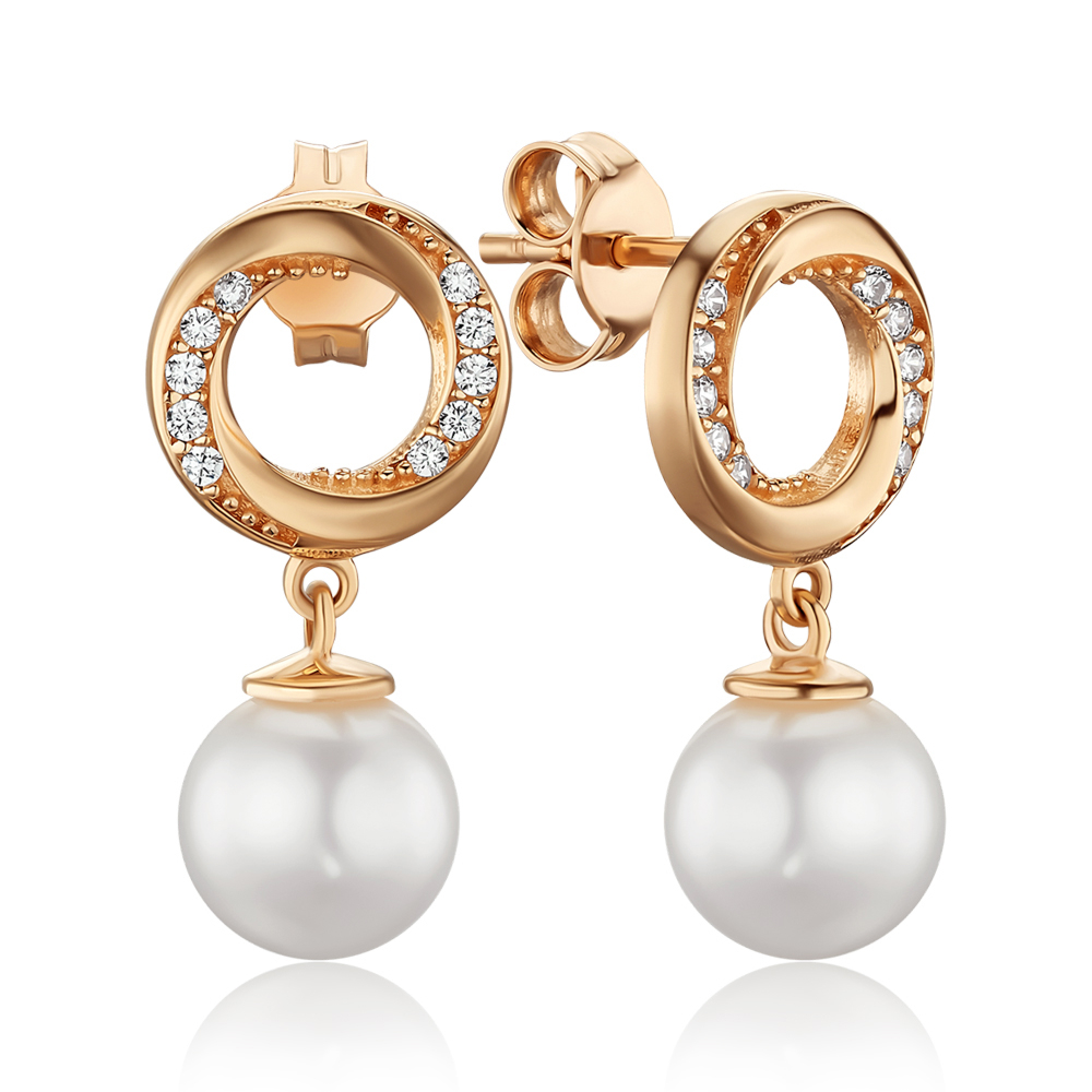 Золотые серьги-пуссеты с жемчугом и фианитами P-2915-E/01/2010