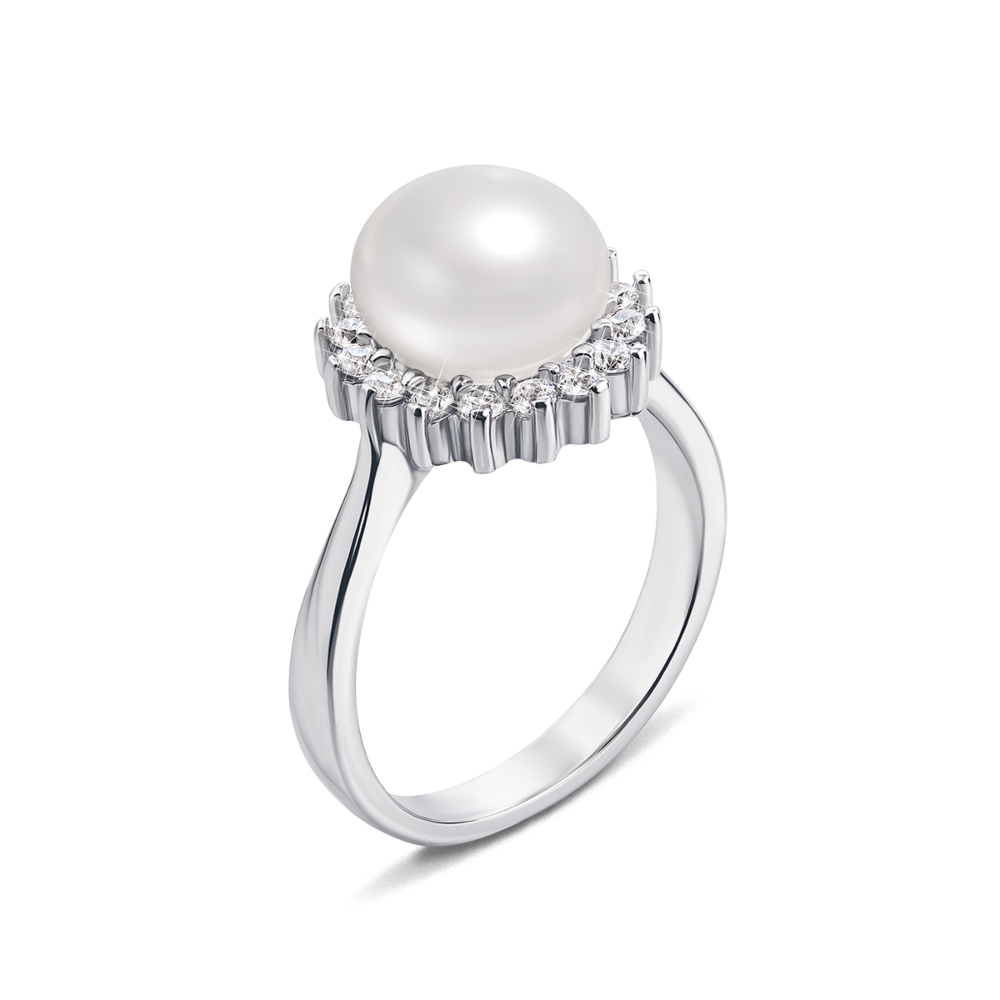 Серебряное кольцо с жемчугом и фианитами. Артикул PSS0156-R