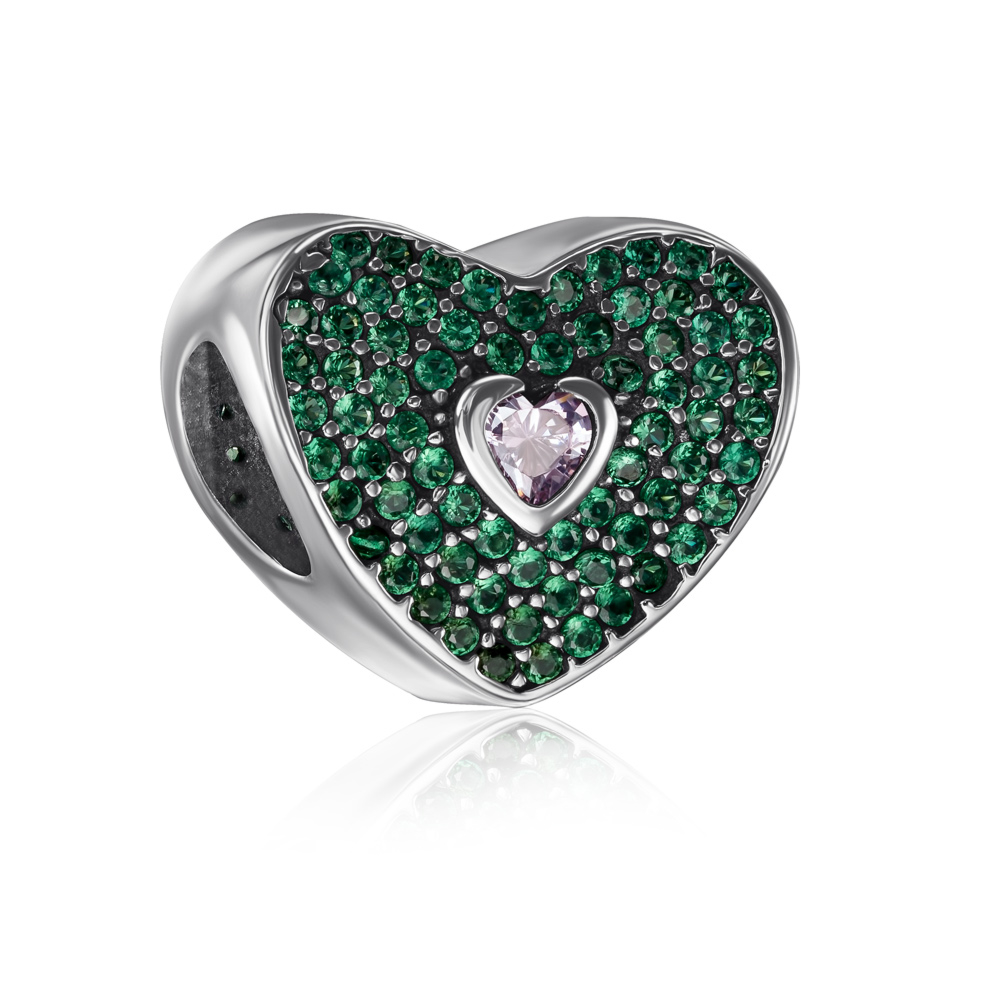 Серебряная бусина шарм «Сердце» с фианитами. Артикул QPBAJ01144-P/12/10