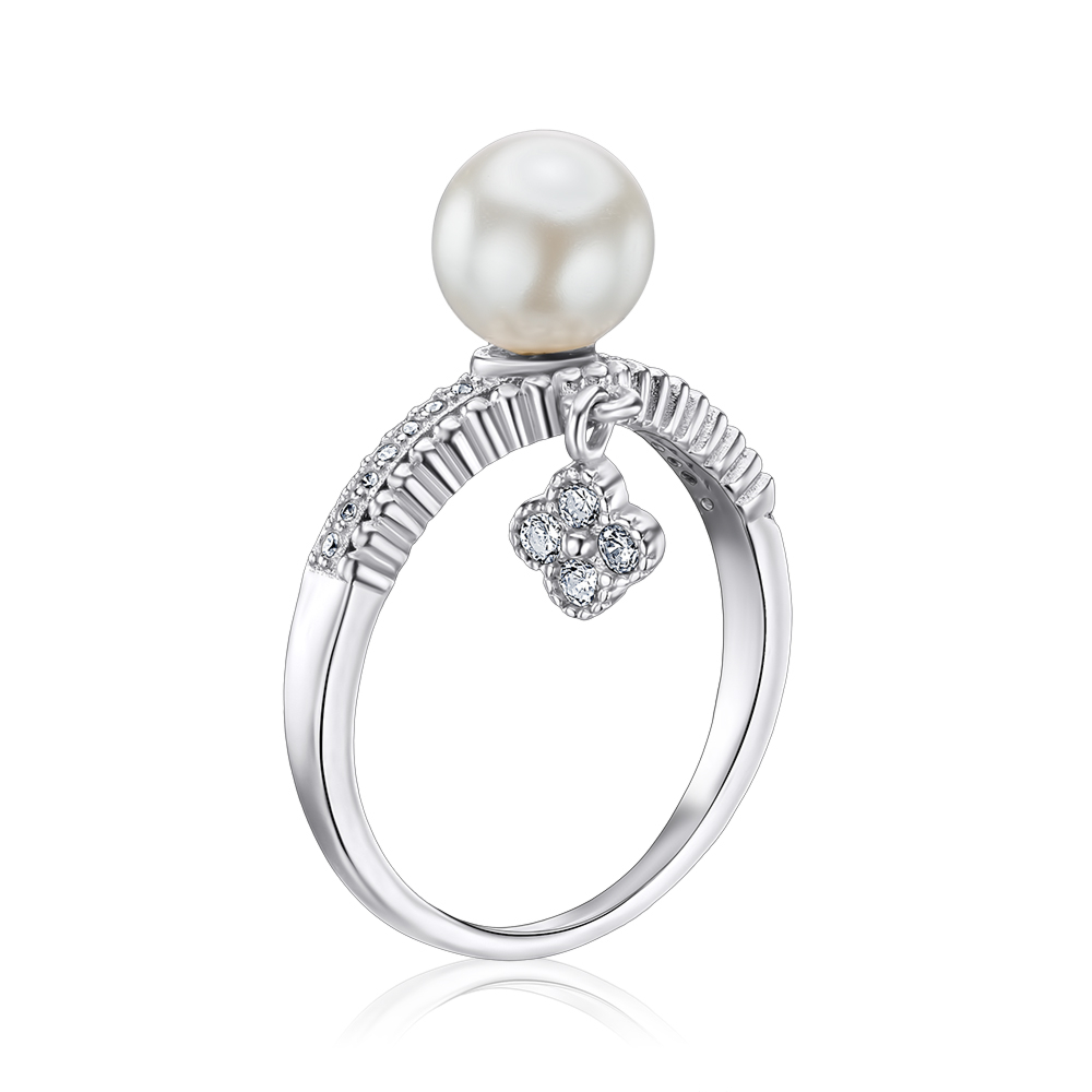 Серебряное кольцо с жемчугом и фианитами. Артикул RI34496-R/12/680