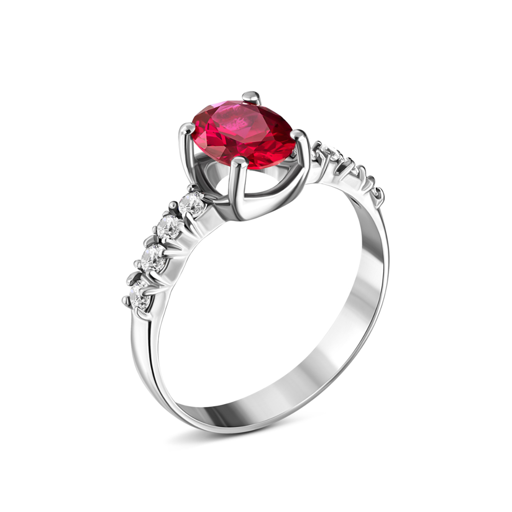 Серебряное кольцо с гидротермальным рубином и фианитами.Артикул UG51340/1р-HRUB