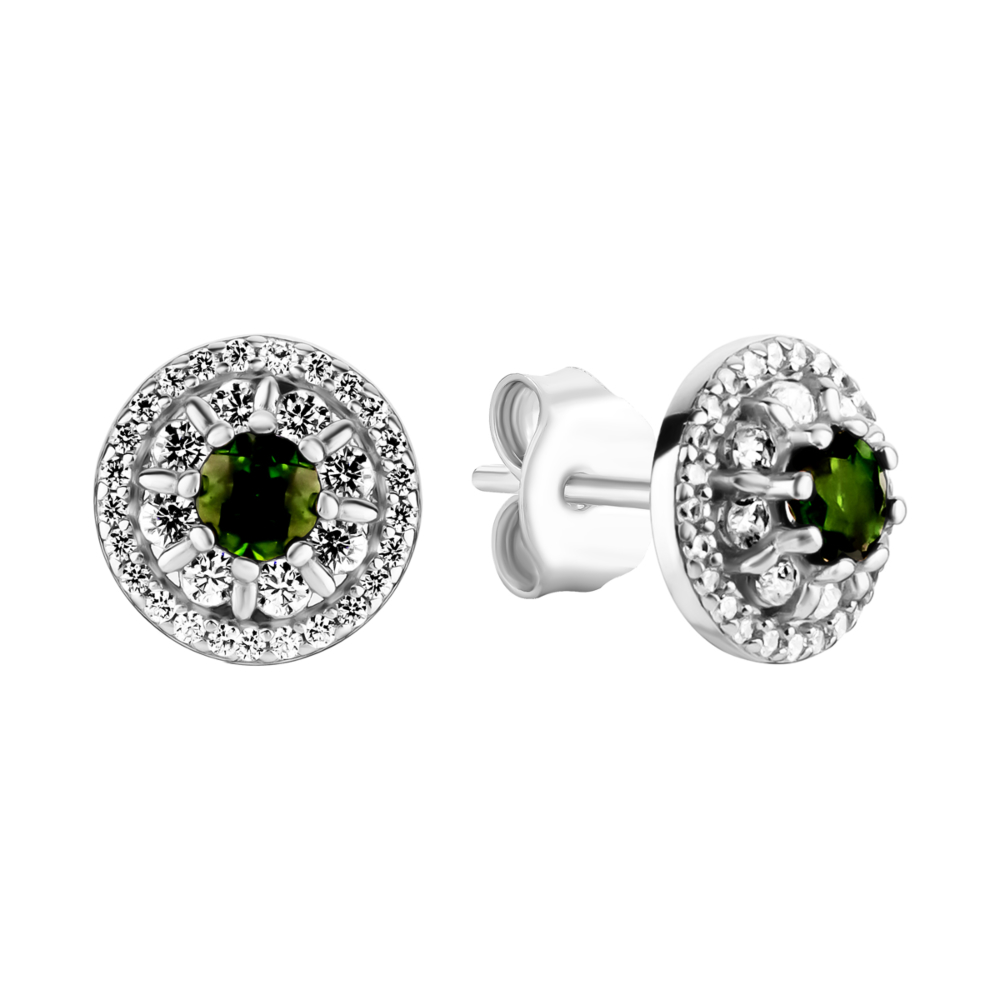 Серебряные пуссеты с хромдиопсидом и фианитами.Артикул UG5SZDS06237 с