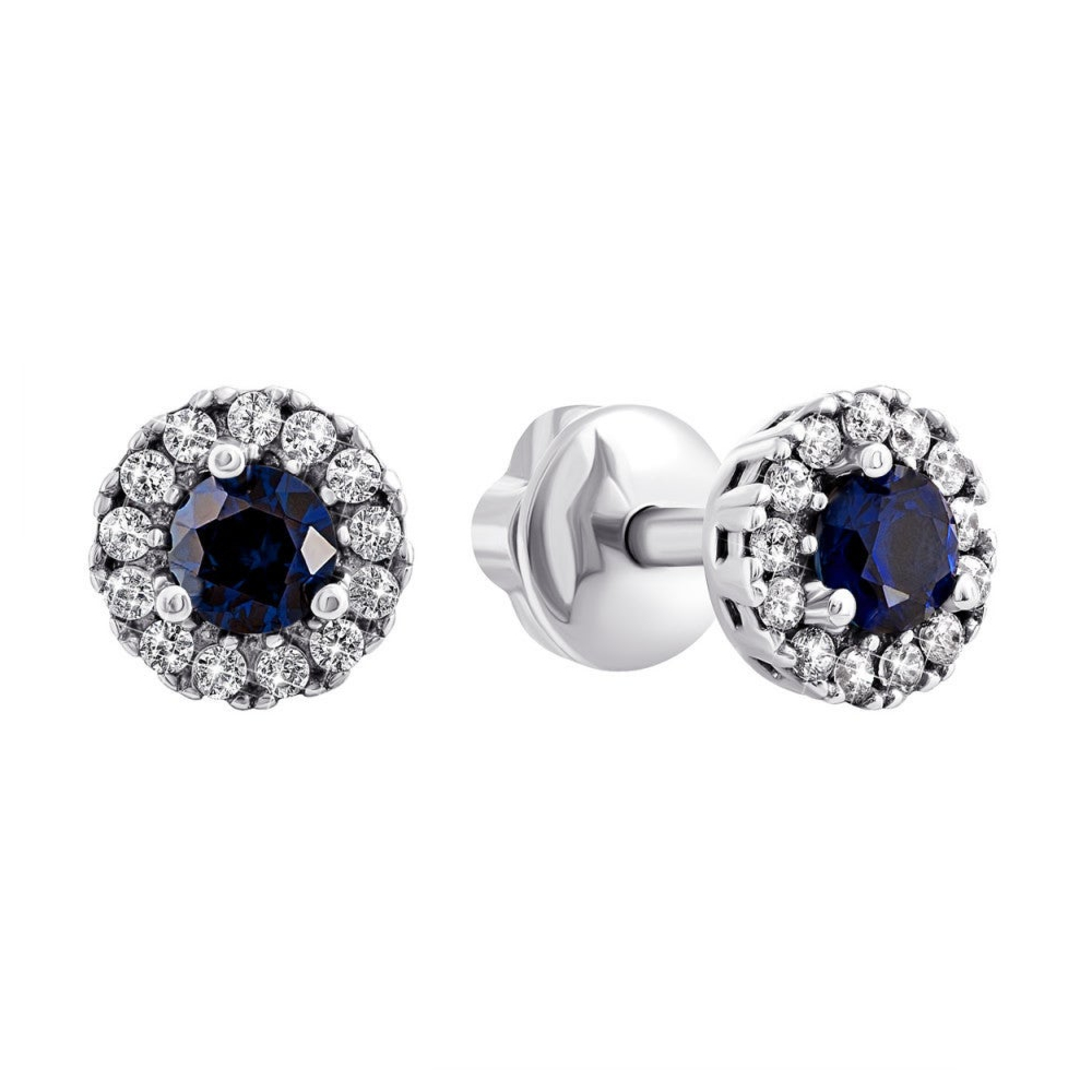 Серебряные пуссеты с сапфиром и фианитами. Артикул UG52111/9р-NSPH