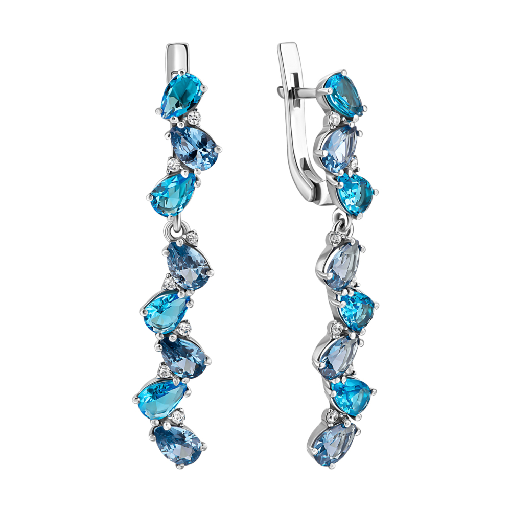 Серебряные серьги-подвески с голубым кварцем London blue и фианитами.Артикул UG52928/9р-QLBQS