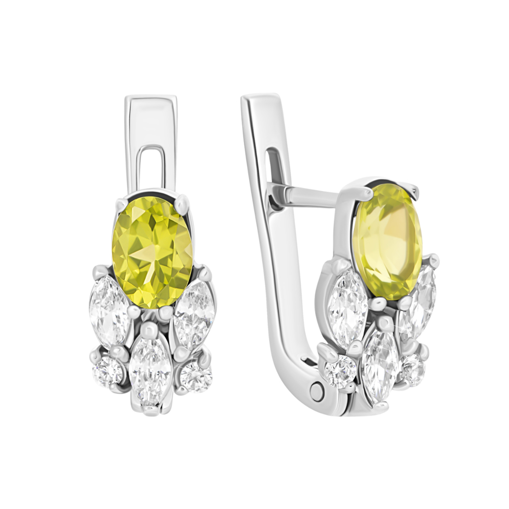 Серебряные серьги с перидотом и фианитами.Артикул UG5с1277перRh