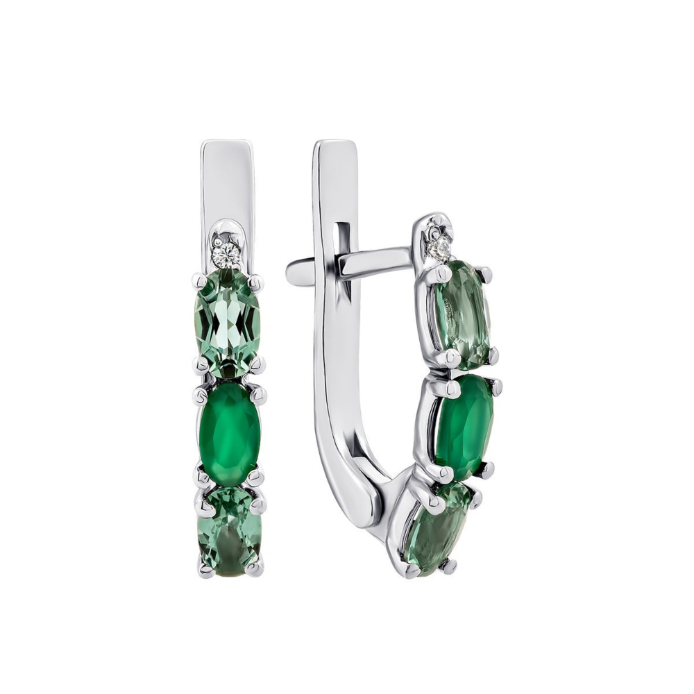 Срібні сережки з зеленим агатом, зеленим кварцом і фіанітами.Артикул UG52981/9р-GRAGQG