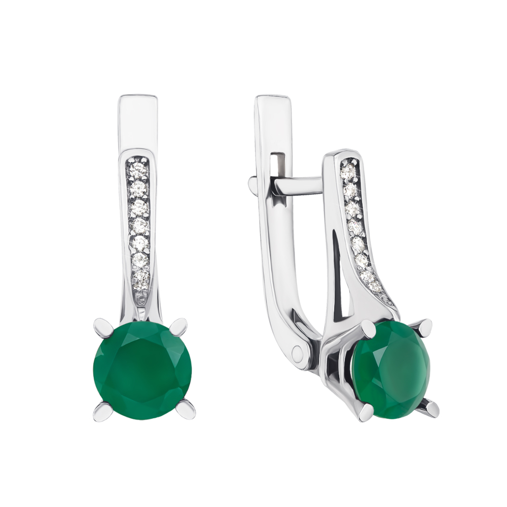 Срібні сережки з зеленим агатом і фіанітами (2339/9р)