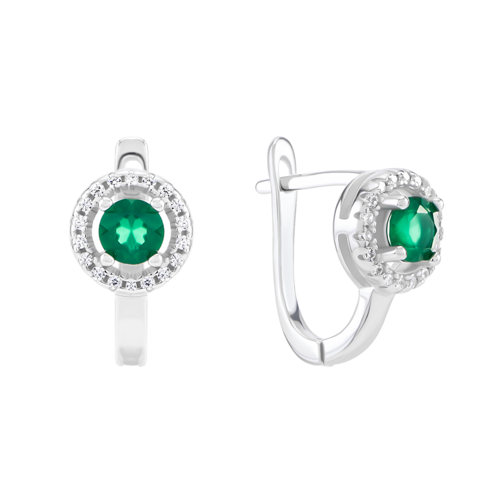 Срібні сережки з зеленим агатом і фіанітами. Артикул UG5SZDE15457-1
