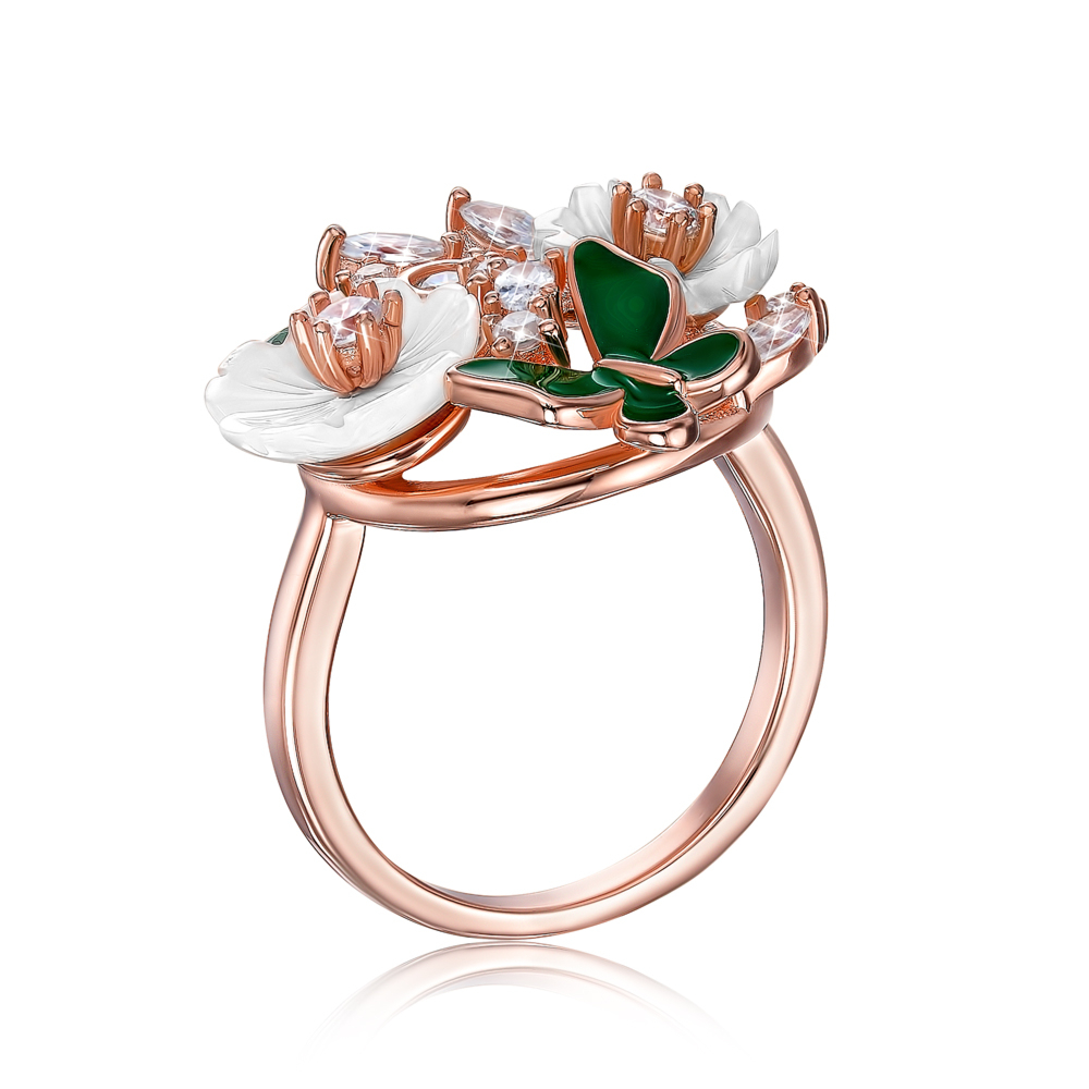 Серебряное позолоченное кольцо с фианитами и перламутром. Артикул SR31145-BR-R/17/2462