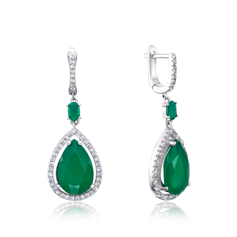Серебряные серьги-подвески с агатом и фианитами. Артикул NA-387-E/12/5875