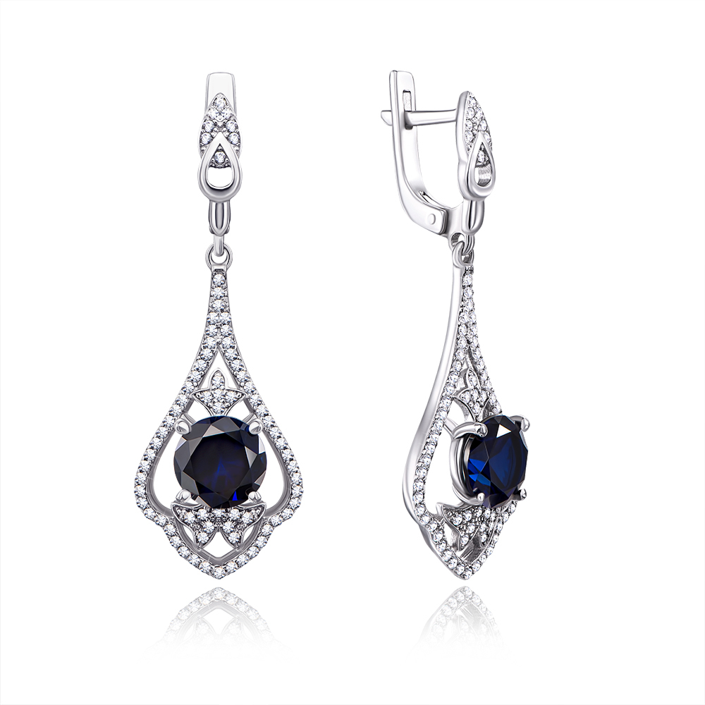 Серебряные серьги-подвески с сапфиром и фианитами. Артикул 2948/9р-HSPH