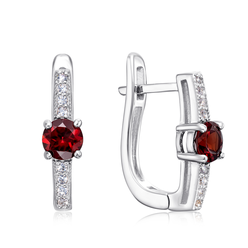 Серебряные серьги с гранатом и фианитами. Артикул E619-E/12/5291