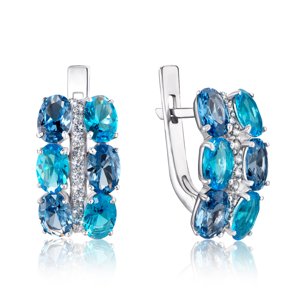Серебряные серьги с кварцем London blue и фианитами. Артикул 2944/9р-QLBQS