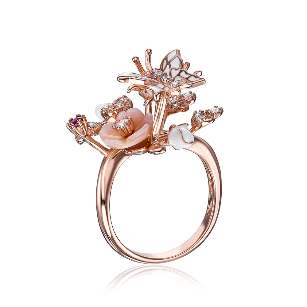 Серебряное позолоченное кольцо с фианитами и перламутром. Артикул SR27260-R-R/17/2458