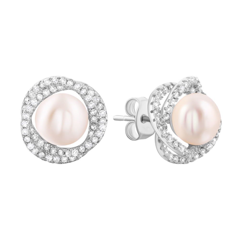 Серебряные пуссеты с жемчугом и фианитами. Артикул UG5SE01291
