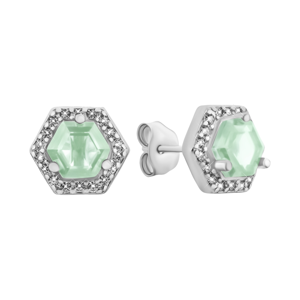 Серебряные пуссеты с зеленым кварцем и фианитами. Артикул UG5SZDE16079 кв.з.