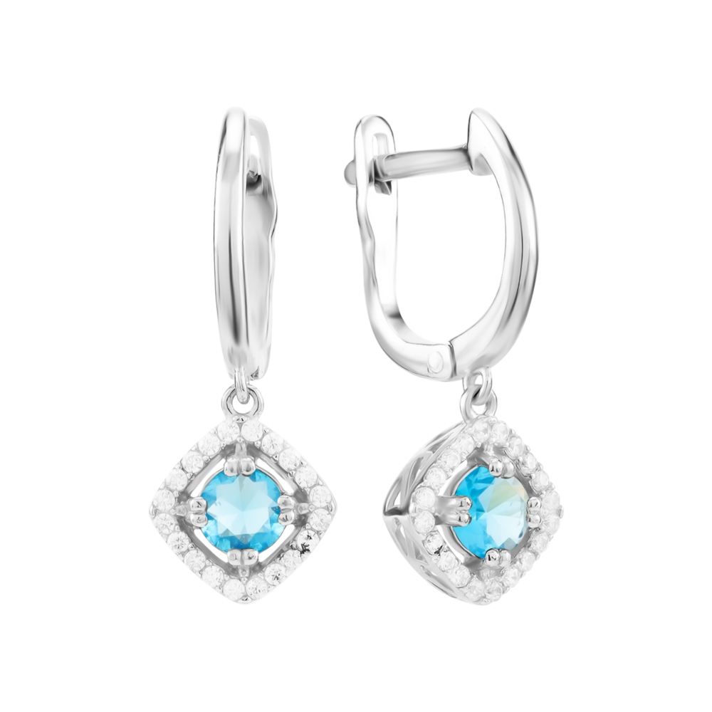 Срібні сережки-підвіски з блакитним кварцом та фіанітами. Артикул UG52673/1р-QSWB