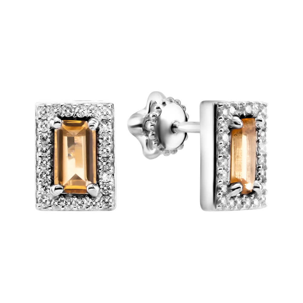 Серебряные серьги-пусеты с цитрином и фианитами. Артикул UG52490/1р-CITR