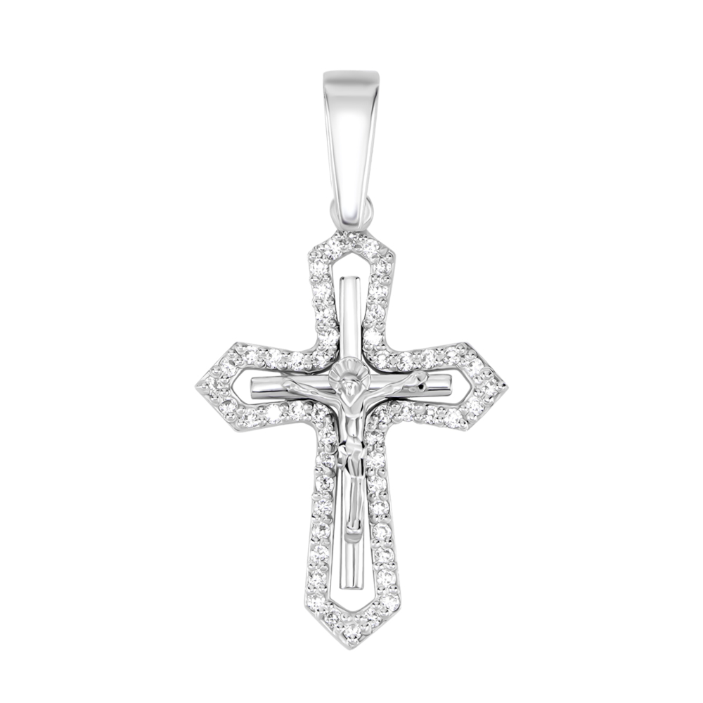 Срібний хрестик з фіанітами. Розп'яття Христове. Артикул UG52-0225.0.2