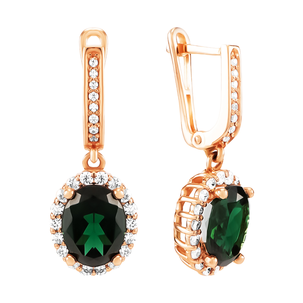 Золотые серьги-подвески с турмалином и фианитами. Артикул UG5С4036V Tdark