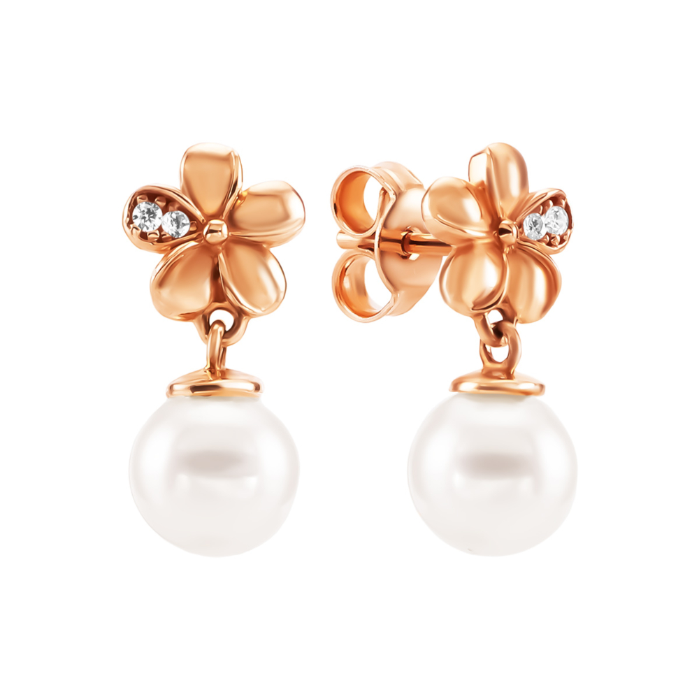 Золотые серьги-подвески с жемчугом и фианитами. Артикул UG52/50/512